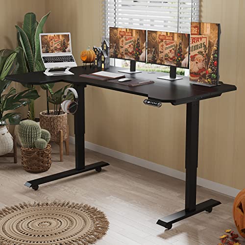 Bunoem L-Shaped 59" Height Adjustable Electric Standing Desk,Height Stand Up Computer Desk,Sit And Stand Home Office Desk With Splice Board (Black Top, Black Frame) #TOP1