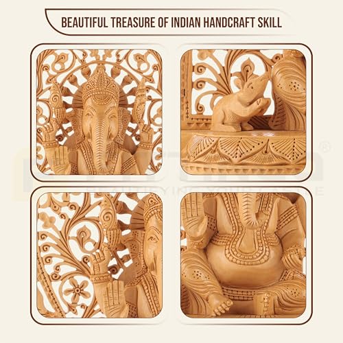 Image of Wooden Ganesh Idol /Handcraft Floral Carving Ganesh Murti /Wooden Ganesha Statue for Home Decor /Ganpati Murti for Home Temple, Pooja Room, Office & Festive Gifting (10.5 Inch)