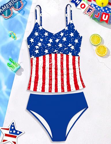 Image of Girls Swimsuit 2 Piece Bathing Suit Criss Cross Ruched Girl Tankini Sets Printed Girls' Swimwear for 9-18 Years