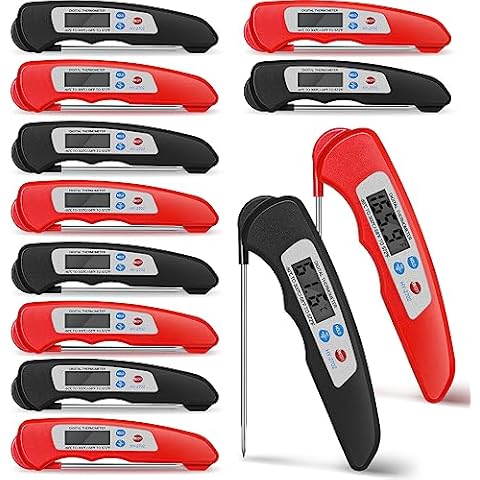 Xuhal 12 Pcs Digital Meat Thermometer with Probe Waterproof Instant Read Food Thermometer Foldable Kitchen Grilling Cooking Thermometer with Magnet for Kitchen Turkey Baking BBQ(Black, Red) Cover