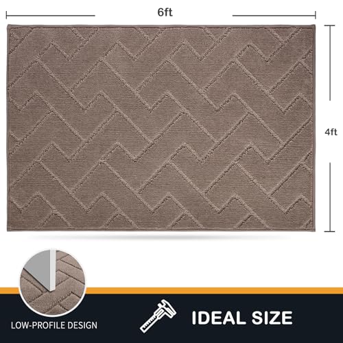 PURRUGS Easy Care Area Rug 4ft x 6ft, Non-Slip Machine Washable Entry Rug, Stain Resistant Accent Rug for Hallway, Bedroom, Living Room and Mudroom, Grayish Brown