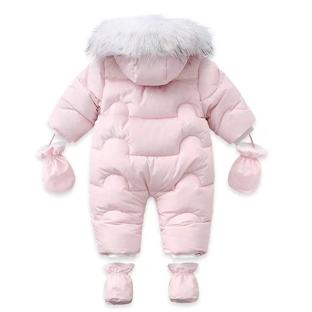 Combinaison de Neige Bébé Garçon Fille Hiver avec Capuche Pieds Barboteuse Gants Bordure Fourrure Détachable Rose 9-12 Mois