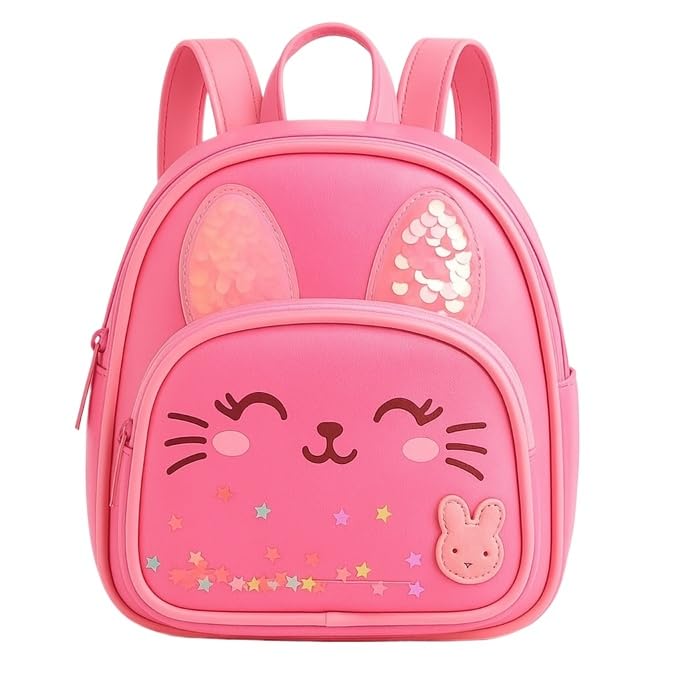 Mochila Infantil Feminina com Estampa de Gatinho Brilhante em Material Resistente para Crianças de 2 a 6 Anos, Uso em Creche e Passeios(PINK // GATINHA)