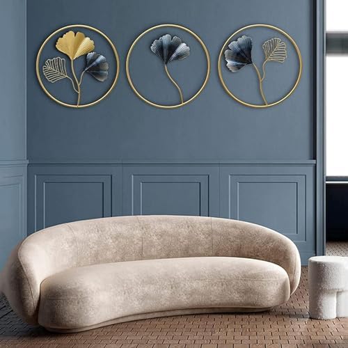 FINE DECOR Decorative 3 Round Circle Gingko Leaf Metal Wall Art Decor