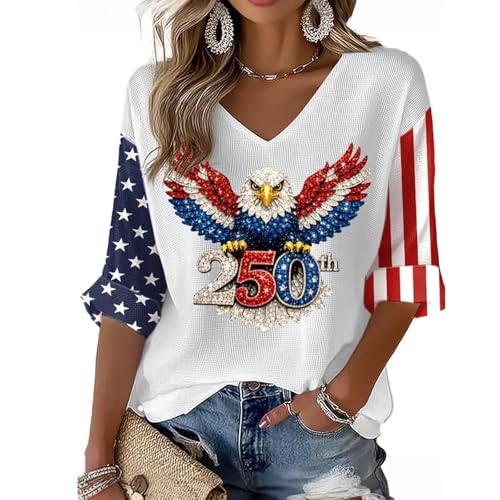 Women's 250 Anniversary USA Shirt 250th Anniversary USA Shirt 3/4 Sleeve Tops for Women V Neck American Flag Patriotic 4th of July Shirts