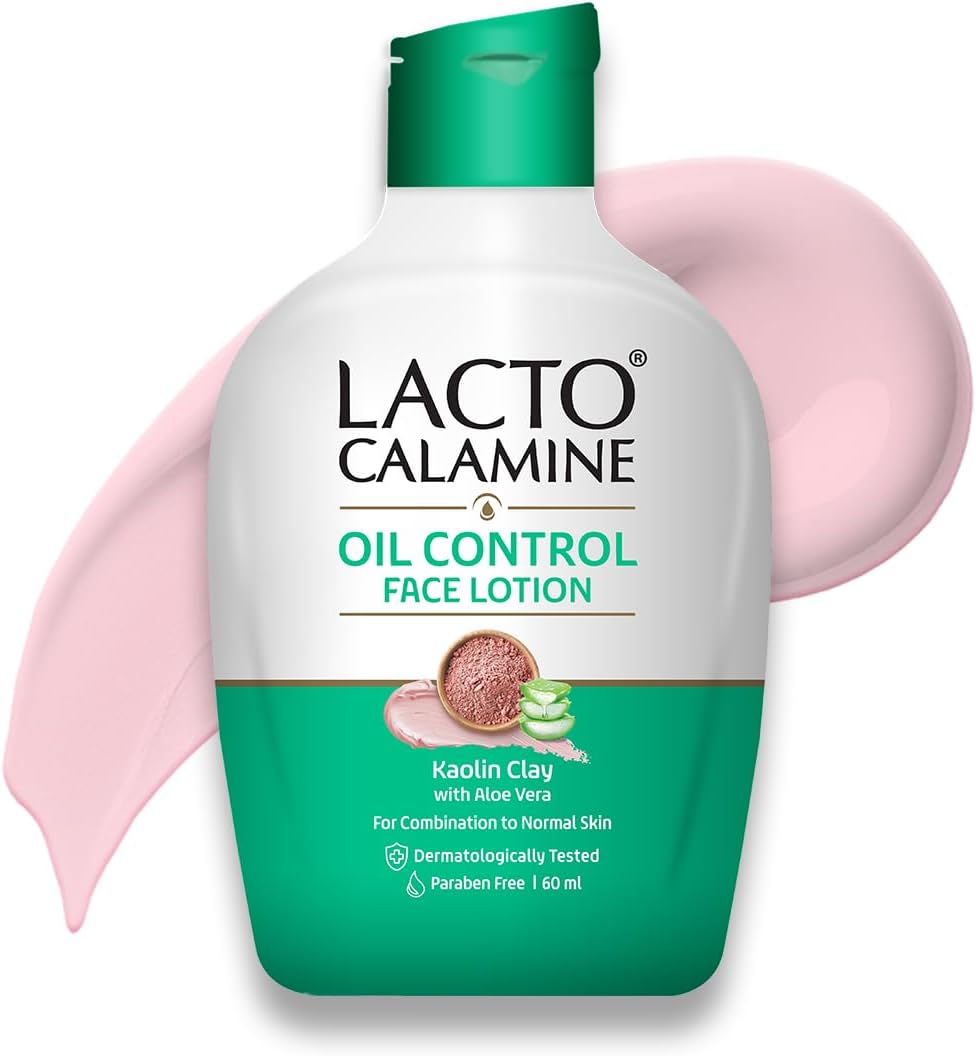 Lacto Calamine Face Lotion | 60 ml | Daily Moisturizer For Face - Combination To Normal Skin | Kaolin Clay & Aloe Vera | Abosrbs Excess Oil | Fights Pimples, Darkspots & Blackheads | Body Lotion