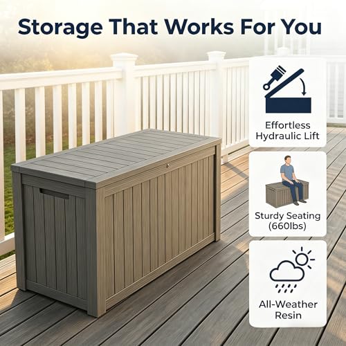 Image of 178 Gallon Resin Deck Box with Gas Lift Support - Outdoor Storage for Patio Furniture, Garden Tools & BBQ Accessories - Weatherproof Wood Grain Design with 660 Lbs Bench Seat (Lockable Lid)