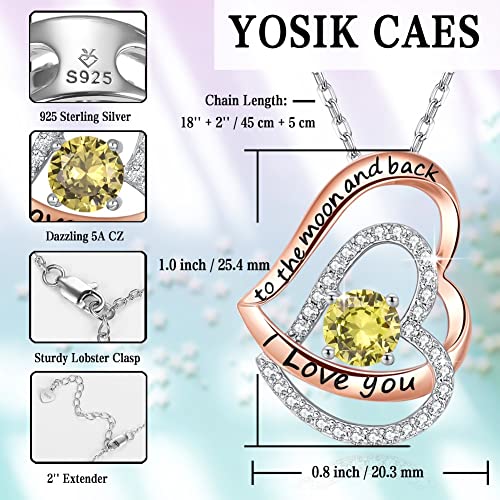 Yosikcaes 925 Sterling Silver Double Heart Ladies Pendant Necklace Plated With 18K Rose Gold Valentine's Day Anniversary Birthday Gift For Her-August #TOP2