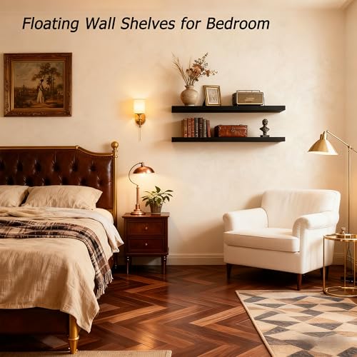 Image of ROGMARS 36 Inches Long Black Floating Shelves | Rustic Solid Wood Farmhouse Wall Shelves with Invisible Brackets for Bathroom, Living Room, Bedroom, Kitchen Set of 2