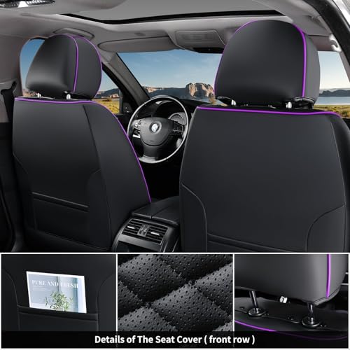 Image of Coverado Leather Seat Covers, Car Seat Covers Full Set, Nappa Leather Seat Covers for Cars, Car Seat Protectors Waterproof, 5 Seats Black&Purple Automotive Seat Covers Fit for Most Cars Trucks