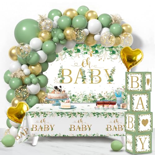 Sage Green Baby Shower Decorations for Boy Girl 106pcs Greenery Balloon Arch Kit, Baby Box,Tablecloth and Backdrop for Boho Woodland Jungle Theme Baby Shower Decor Neutral Party Supplies