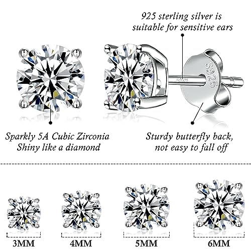 925 Sterling Silver Stud earrings Set White Gold Plated Hypoallergenic Stud Earrings Cubic Zirconia Stud Earrings for Women (3mm，4mm，5mm，6mm) - Thumbnail 2