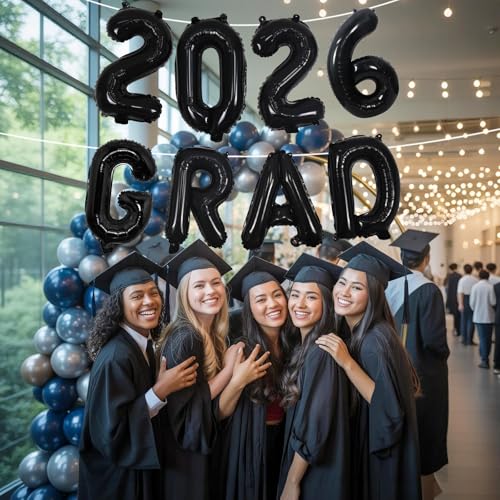 Image of Black 2026 Congrats Balloons, 16 Inch Matte Black 2026 GRAD Foil Balloons Banner Sign for Graduation Decorations 2026, College High School Class of 2026 Graduate Congratulations Party Decor Supplies