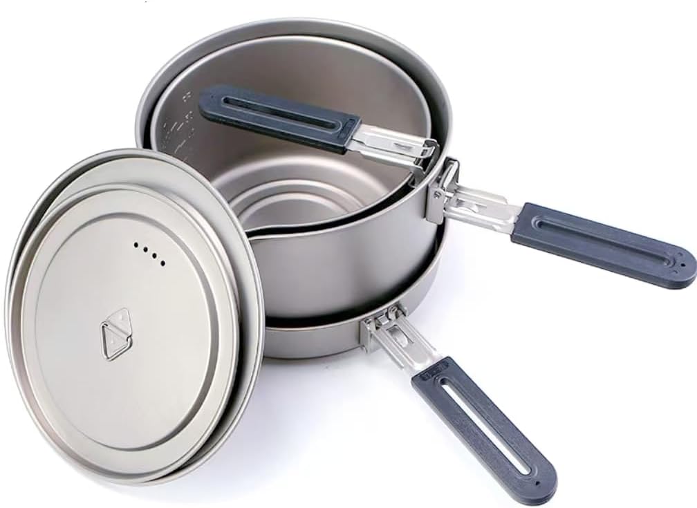 RISON TITANIUM 3Pcs Cookware Set Portable Titanium Stackable Camping Cooking Pot Mess Kit Set for Hiking and Picnic