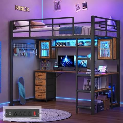 ADORNEVE Loft Bed Twin Size with Gaming Desk, Storage Drawers, Safety Power Outlet, Metal Loft Bed… — $179.98 (33% off)