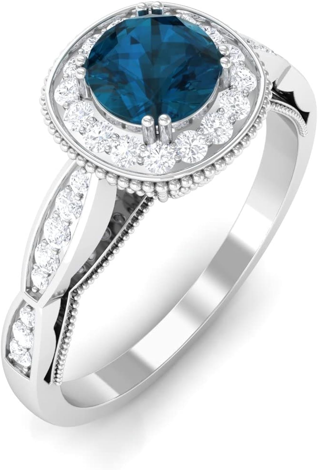 Anillo de compromiso de topacio azul Londres de 34 quilates topacio azul Londres anillo de oro milgrain de topacio azul anillo de compromiso antiguo