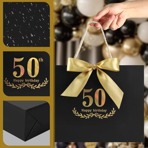 Image of JMANNI Black Gold 50th Birthday Gift Bag with Card and Tissue Paper, 12.6 inchx9.84 inchx3.9 inch Elegant Present Bag for Men Women, 50 Year Old Birthday Keepsake Party Supplies