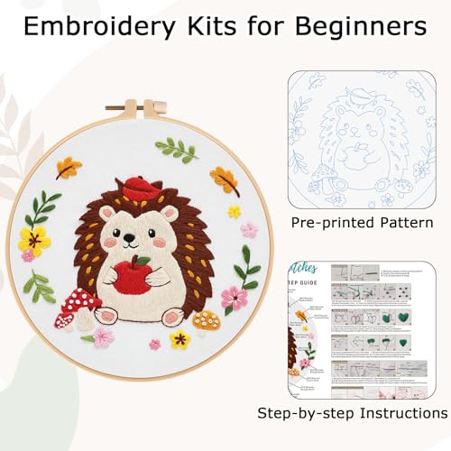 Image of Louise Maelys Hedgehog Embroidery Kit, Cross Stitch Kit for Beginner | Animal Embroidery Starter Kit With Stamped Fabric, Hoop, Threads, Needles And Instructions For Adults,Easy Needlepoint,Gifts