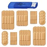 4 TAMAÑOS : Apositos adhesivos grandes, medianos, pequeños. (40 unds 72x19mm), (85 unds 59x19mm), (40 unds 10x40mm), (40 unds 22x22mm). Apositos impermeables, Lavar la zona y cambiar el aposito cada 6 horas. Detener su uso en caso de irritación. 