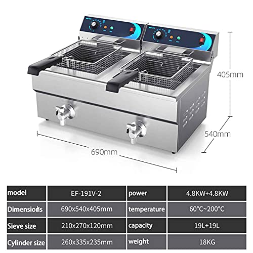 Kaltzonen Fritteuse Pommes-Frites-Maschine, 19L+19L großes Fassungsvermögen, 60°C-200°C,praktisches Ablassventil… – Bild 3