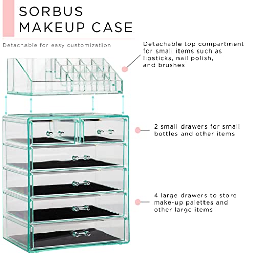 Image of Sorbus Acrylic Makeup Organizer Set, 6-Drawer Vanity & Countertop Cosmetic Storage with Small & Wide Compartments, Teal Thrill Makeup Storage for Brushes, Jewelry - Holiday Gift for Women & Teens
