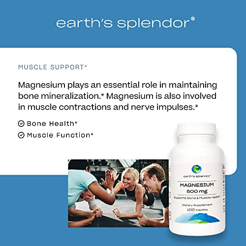 Earth's Splendor Bone & Muscle Dietary Magnesium Supplement For Men & Women, No Artificial Preservative Or Flavor, Supports Bone & Muscle Health, Wheat Free (500Mg, 100 Caplets) #TOP4