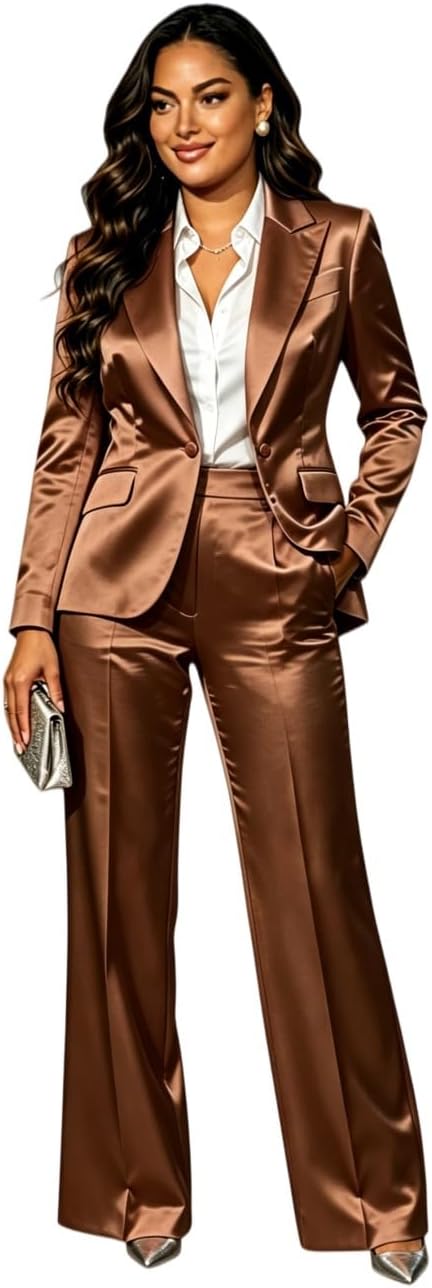 2 PC Business Suits for Women Satin Blazer Pants Set Prom Party Wedding Outfit