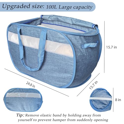 Image of Upgraded 100L Extra Large Mesh Pop Up Laundry Hamper with Lid and Handles. XL Closet Storage Bins, Dirty Clothes Basket for Dorm Home, Foldable Laundry Basket. Blue. H