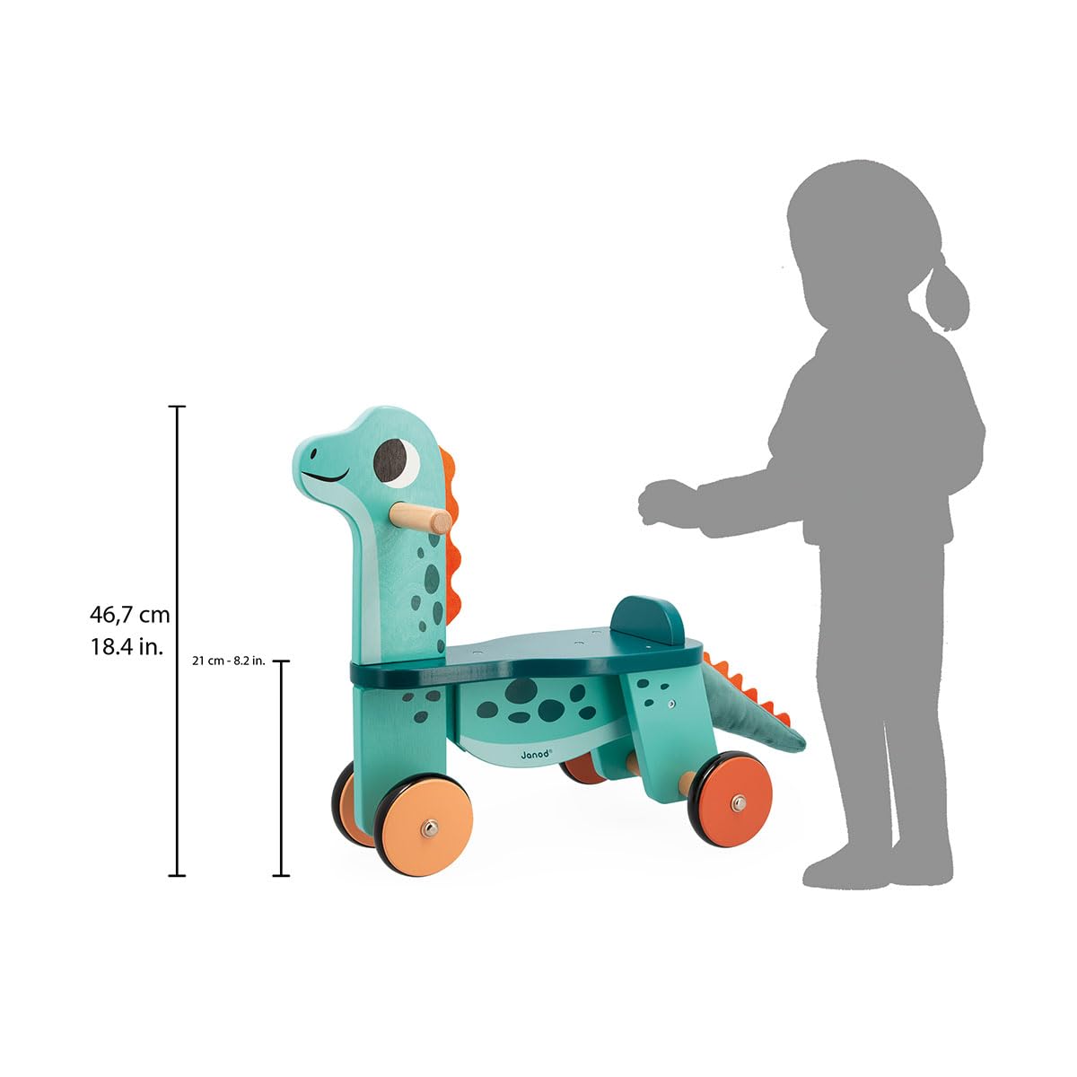 Janod - Correpasillos Bebé Dinosaurio Portosaurus - Asiento 21 cm - Cola Peluche Amovible - Juguete Estímulo Madera FSC - A Partir de 12 Meses, J05828
