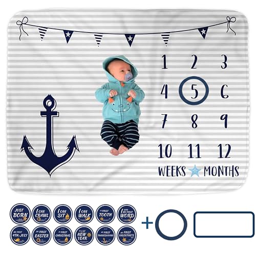 Image of Nautical Baby Monthly Milestone Blanket with 12 Stickers, First Year Calendar Monthly Growth Tracker, Baby Boy Month Blanket 60"x40", Newborn Photo Background Photo Prop, Striped Anchor Nursery