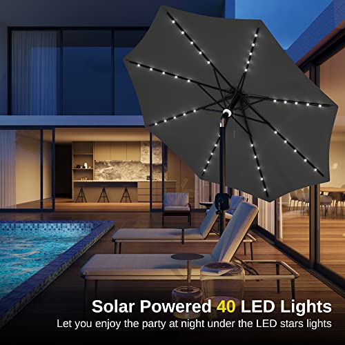East Oak Patio Umbrella, 9 Ft Outdoor Table Umbrella With 8 Ribs And 40 Led Solar Lights, Push Button Tilt, Aluminum Pole And Uv 30+ Fade Resistant For Garden, Deck And Poolside, Mountain Gray #TOP3