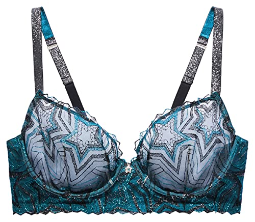 Savage X Fenty, Women's, Shining Star Embroidered Unlined Demi Bra, Wildflower Blue Starstruck Embroidery, 40C