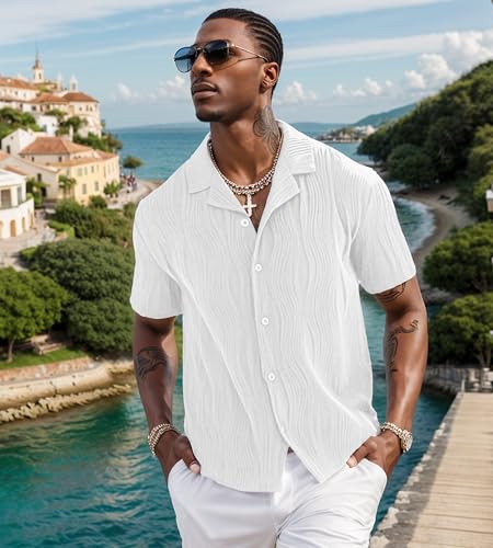 UOUA Men's Summer Button Down Shirts Short Sleeve Textured Beach Shirt Casual Hawaiian Vacation Tops2