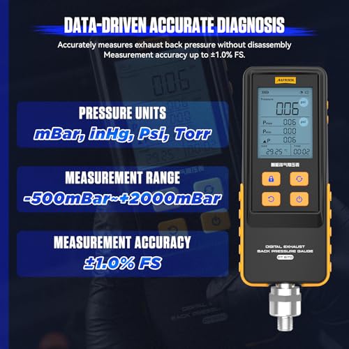 Image of AUTOOL Digital Exhaust Back Pressure Gauge, Exhaust Back Pressure Tester Kit -500~2000mBar for Gasoline Diesel with Adapters & Hoses, Data Holding, Backlit Screen (PT670)