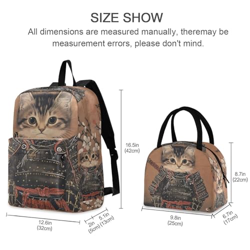Backpack Lunch Box Set Large Capacity Travel Backpacks and Insulated Lunch Bag for Commute Hiking Picnic Cute Cat Samurai Print2