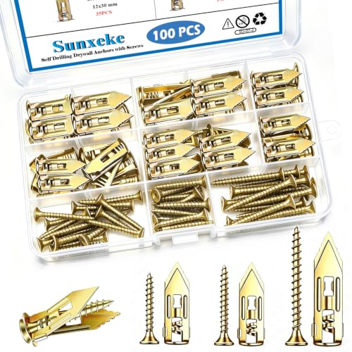 Image of 100PCS Self Drilling Drywall Anchors with Screws Kit, 2‑Sizes Wall Anchors, 3‑Sizes Expansion Screws, Heavy‑Duty No Drill Sheetrock Anchors, Holds Up to 66LB for Shelves & Picture Frames