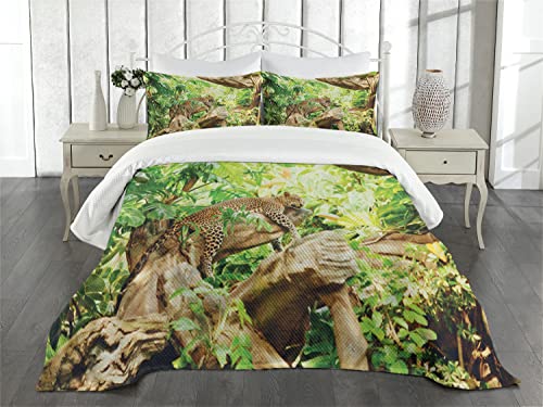 Ambesonne Safari Bedspread, Leopard On The Branch In Savannah Exotic Macro Tropical Leaf Jungle Wild Nature Art, Decorative Quilted 3 Piece Coverlet Set With 2 Pillow Shams, Queen Size, Camel Green #TOP1