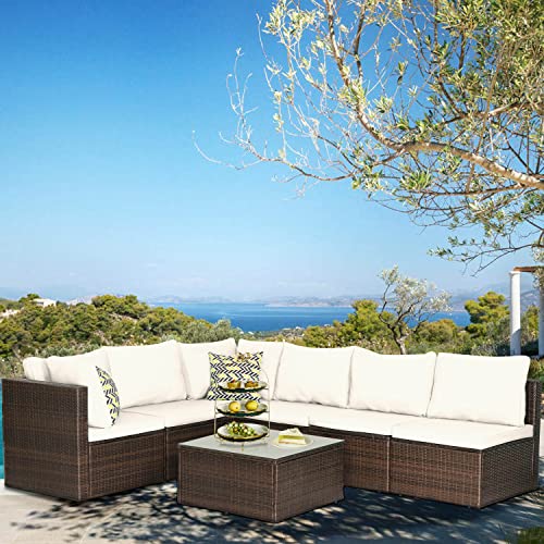 Image of PayLessHere Patio Furniture Set 7 Pieces Outdoor Furniture Wicker Conversation Set Sectional Sofa and Coffee Table Wicker Patio Conversation Sets for Backyard Porch Balcony Poolside,Khaki Cushion