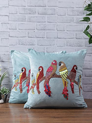 Image of Eyda Hand Beaded Sequin Cushion Covers With Zipper, Pack Of 2, 18x18 Inches, Soft Velvet Sleeping 200 TC Pillow Covers, Decorative Throw Cushion Covers, Square Cushion Cover, Light Blue
