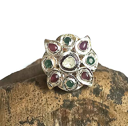 Vintage Ruby Emerald Gemstone Diamond Ring 925 Sterling Silver Wedding Anniversary Unique Gift for Woman, Polki Diamond Ring Silver 23x23 mm Ring