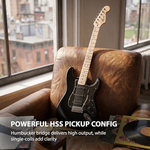 Image of Fender Squier Sonic Stratocaster HSS - Black Bundle with Mustang Micro Headphone Amplifier, Instrument Cable, Tuner, Strap, Picks, and Austin Bazaar Instructional DVD