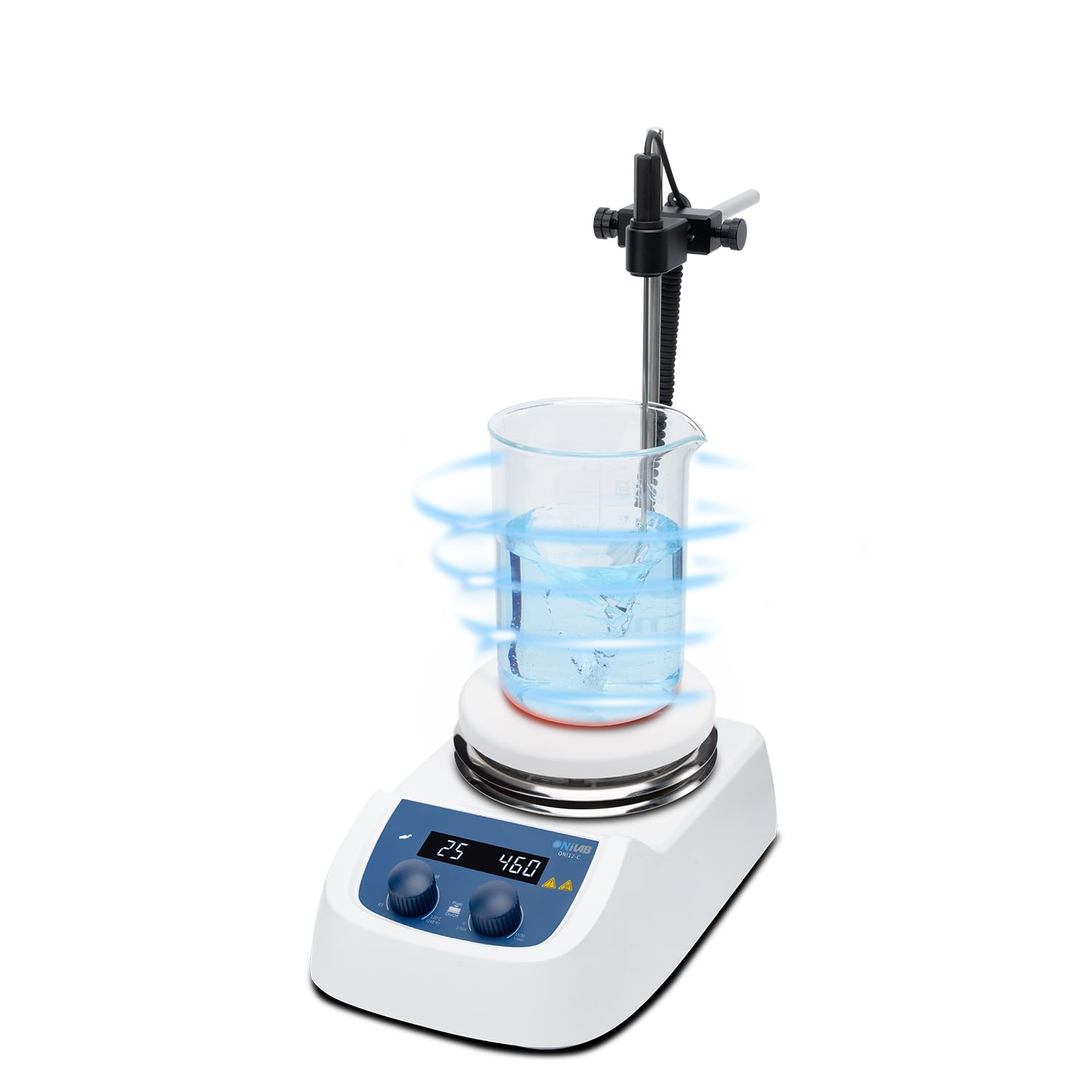 ONiLAB 120℃ 5 inch Round LED Digital Hotplate Magnetic Stirrer with Ceramic Coated Stainless Steel Work Plate, 200-1500rpm,5L,110V,Temp Probe Sensor & Support Stand & Stirring Bar Included