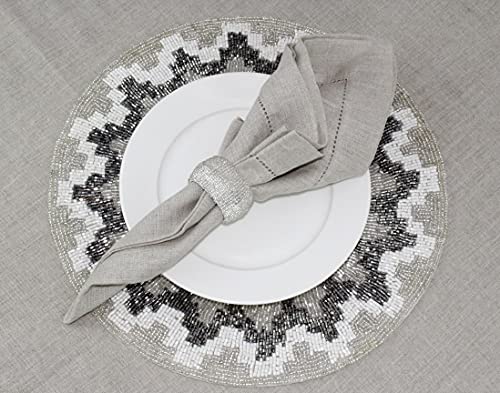 Cotton Craft Glitz Handmade Beaded Charger Placemats - Set Of 4 - Halloween Harvest Autumn Fall Holiday Christmas Xmas Dining Celebration Festive Party Table Décor - 13.5 In Round - Silver Grey Floral #TOP3