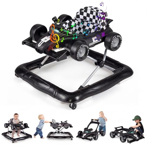 BABY JOY 4-in-1 Baby Walker, Foldable Activity Walker with Push Mode, Adjustable Height, Lights, Anti-Rollover, Baby Walker with Wheels for Boys Girls 6-18 Months (Black)