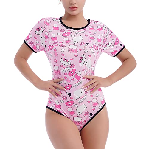 FYMNSI Women Short Sleeve Rompers Sexy One Piece Shorts Bodysuit Crew Neck Playsuit Printed Pajama Button Crotch Romper For Women ABDL Adult Sleep Romper Pjs Lingerie Nightwear Pink XL