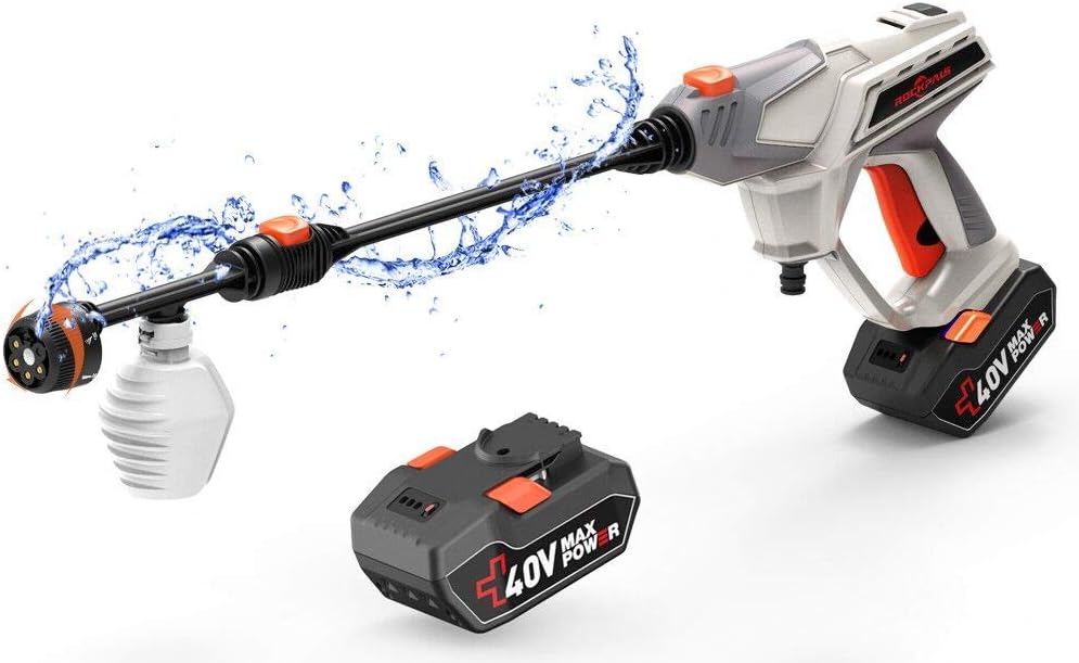 ROCKPALS Cordless Pressure Washer Gun, 2 x 40V Batteries Max 870 PSI Power Washer with Accessories, Portable Power Cleaner with 6-in-1 Adjustable Nozzle, Suitable for Washing Cars/Fences/Siding