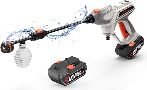 ROCKPALS Pistola de lavado a presión inalámbrica, 2 baterías de 40 V máx. 870 PSI Lavadora eléctrica con accesorios, limpiador de energía portátil