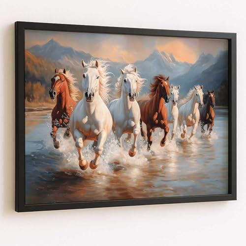 Image of HOTHOUSE Seven Running Vastu Lucky Horse and Rising Sun Painting | 7 Horses Vastu Frame Wall Art Painting for Living Room Bedroom Office Home Decor Wall Decor Size (19X25 inch)