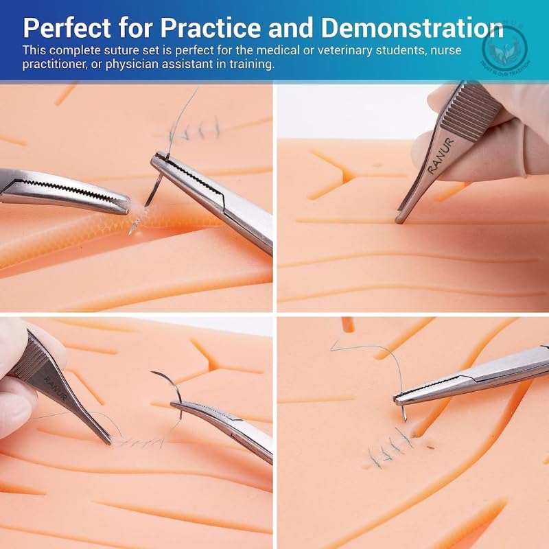 Image of RANUR Suture Practice Kit - 17 Piece Precision Suture kit for medical Students with Large Suturing Pad, Pre-Cut Wounds, Instruments & Carry Case