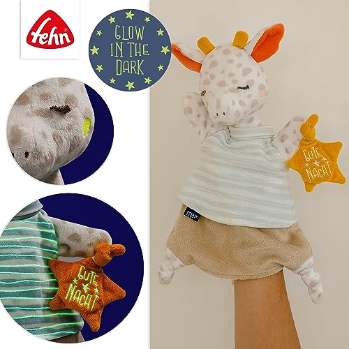 Fehn Schmusetuch Baby Spielzeug Giraffe - Schnuffeltuch für Neugeborene - Einschlafhilfe mit „Glow-in-the-dark“ - Kuscheltier Handpuppe - Kuscheltuch Schlaftier für Babys und Kleinkinder ab 0+ Monaten